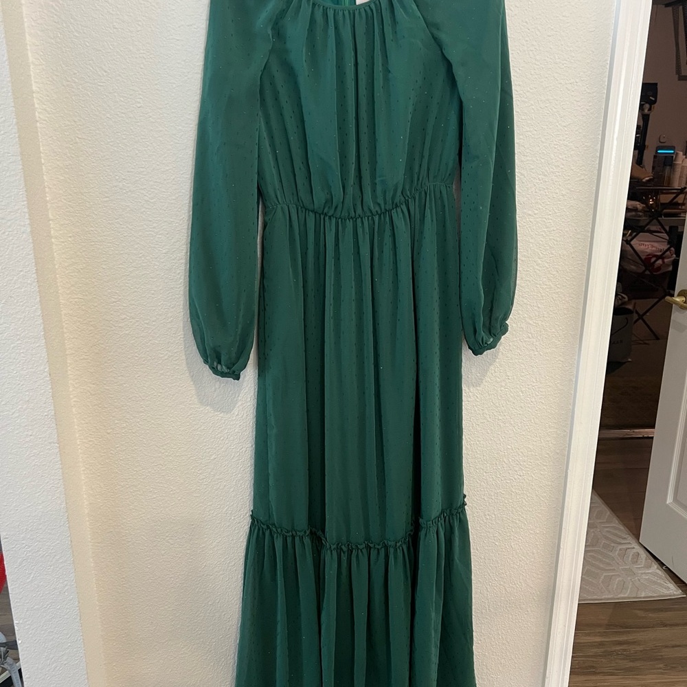 Gal Meets Glam Green Pleated Sundress with Bishop Sleeves